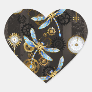 Sticker Cœur Dragonflies de Steampunk sur arrière - plan rayé b