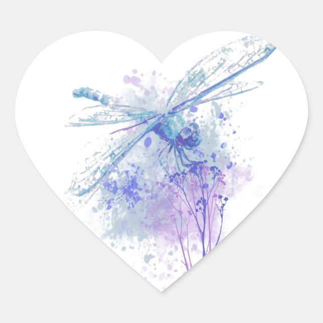 Sticker Cœur Dragonfly originale aquarelle dans Blue Mauve Natu (Devant)