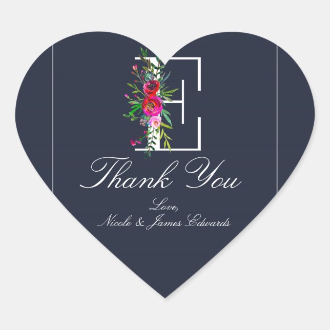 Sticker Cœur E Monogramme Dernier initial bleu Floral Mariage (Devant)