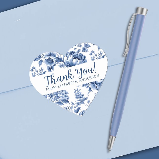 Sticker Cœur Elegant Blue Vintage Rose Floral Thank You (A pretty blue floral Thank you sticker. Personalize it with your name.)