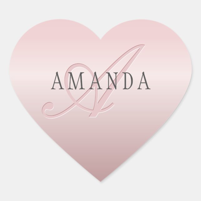 Sticker Cœur Elégant Blush Faux Rose Gold | Nom et monogramme (Devant)