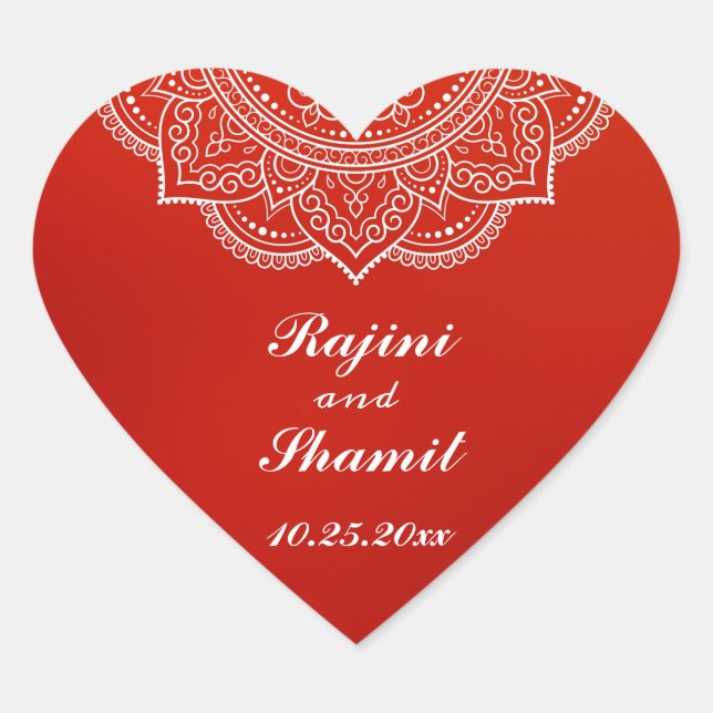 Sticker Cœur Élégant Crimson Blanc Indien Mariage Paisley (Devant)