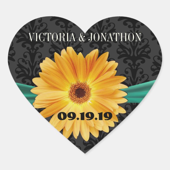 Sticker Cœur Élégant Emerald Green Jaune Gerber Daisy Mariage (Devant)