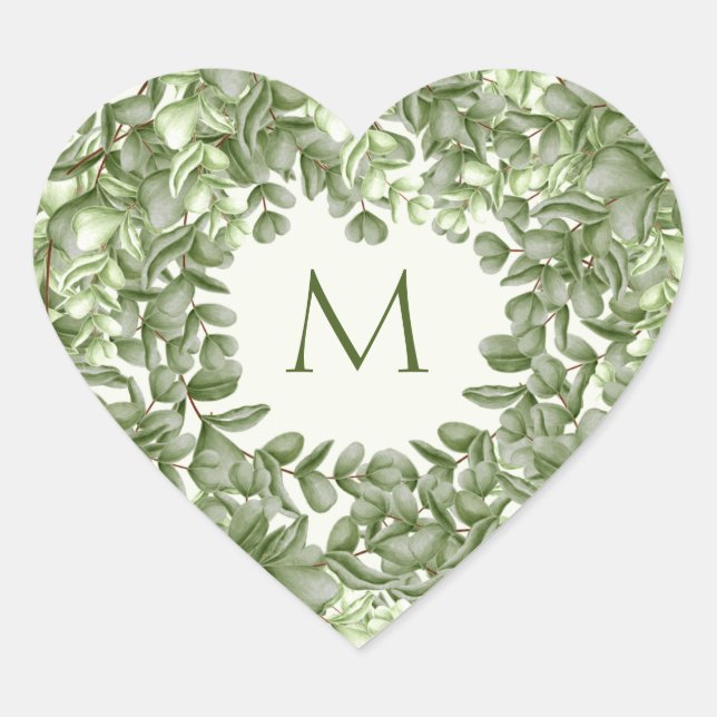 Sticker Cœur Elégant Eucalyptus Verdure Wreath Green Ivory (Devant)