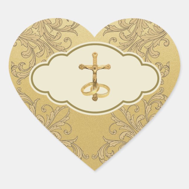 Sticker Cœur Élégant Golden Crucifix Mariage Anneaux Coeur Stic (Devant)