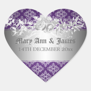 Sticker Cœur Élégant Mariage Date Baroque Flourish Purple