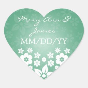 Sticker Cœur Elégant Mariage Date Fleur Coeur Mint Vert
