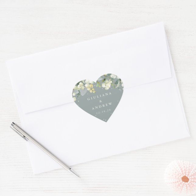 Sticker Cœur Elégant Mariage de courge vert Snowberry+Eucalyptu (Enveloppe)