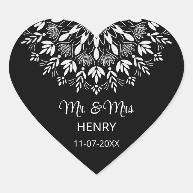 Sticker Cœur Élégant mariage simple noir et blanc (Devant)