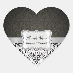 Sticker Cœur Elégant Merci noir et blanc Damas