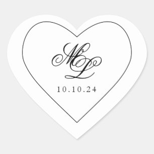Sticker Cœur Élégant Monogramme noir et blanc Script