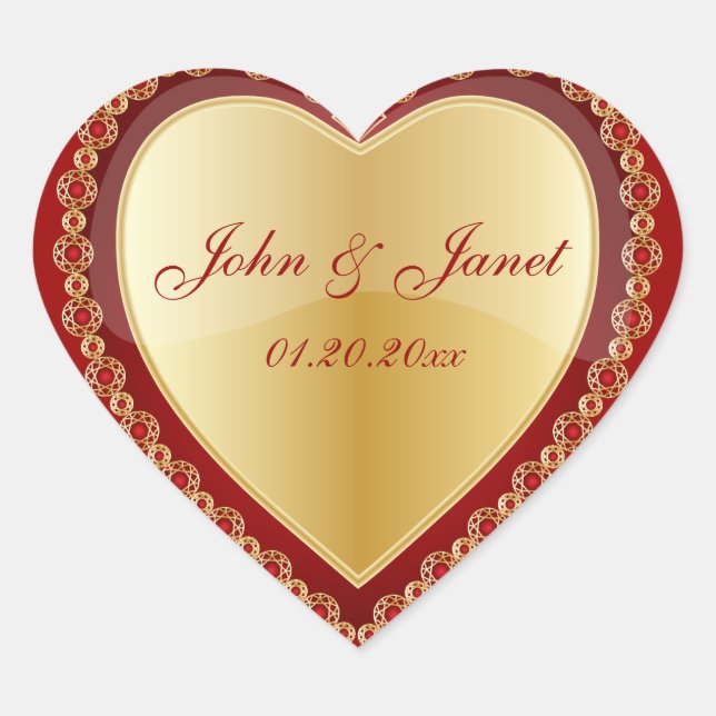 Sticker Cœur Élégant Rouge Bijou Or Coeur (Devant)