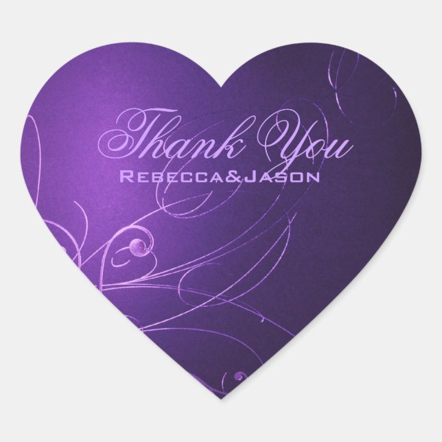 Sticker Cœur élégant vintage tourbillons violet mariage merci (Devant)