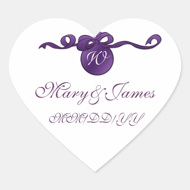 Sticker Cœur Elégante Date de Mariage Tourbillonnant Bow Monogr (Devant)