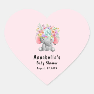 Sticker Cœur Éléphant avec Fleurs Baby Shower