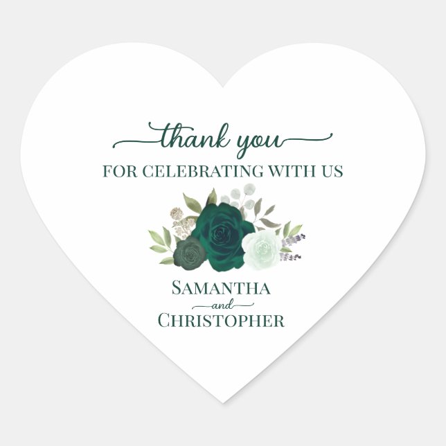 Sticker Cœur Emerald Green Roses Merci de mariage élégant (Devant)