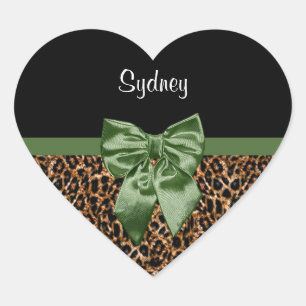Sticker Cœur Empreinte de léopard élégant Elegant Green Bow et