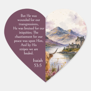 Sticker Cœur Esthétique des Highlands d'Écosse, Isaïe 53:5 Bibl