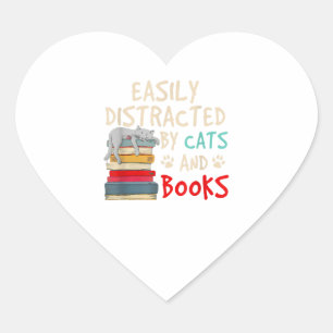 Sticker Cœur Facilement distrait par les chats et les livres - 