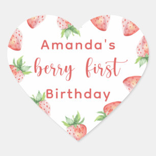 Sticker Cœur Fête d'anniversaire avec des fraises à l'aquarelle