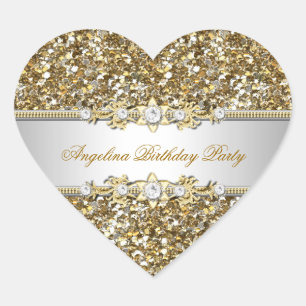 Sticker Cœur Fête d'anniversaire paillettes Or Bijou Diamant To