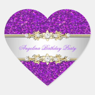 Sticker Cœur Fête d'anniversaire Violet Pailleté Or Bijou Diama