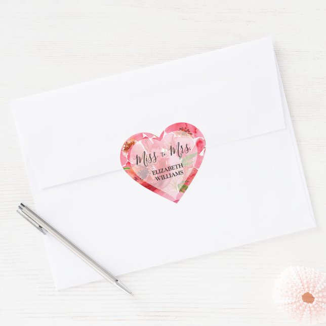 Sticker Cœur Fête de mariage Fleurs de pivoines à l'aquarelle (Enveloppe)