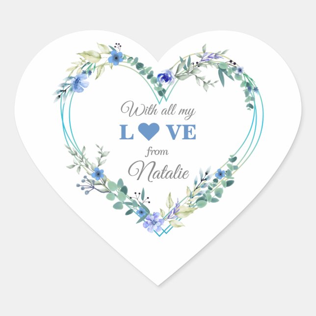 Sticker Cœur Fête des mariées romantique Bleu Floral Aquarelle (Devant)