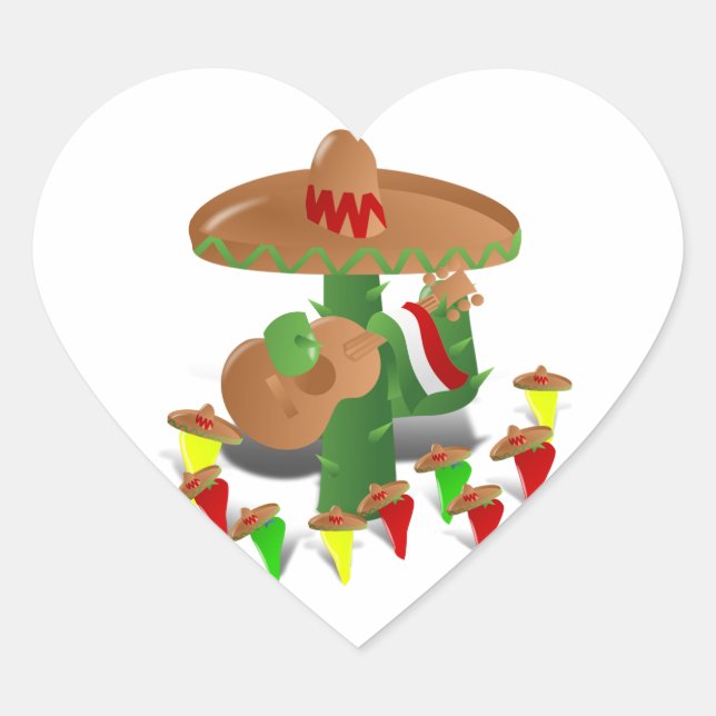 Sticker Cœur Fiesta Cactus avec guitare et poivrons dansants (Devant)