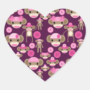 Sticker Cœur Fille mignonne rose singes Filles sur violet