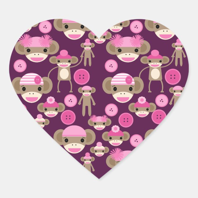 Sticker Cœur Fille mignonne rose singes Filles sur violet (Devant)