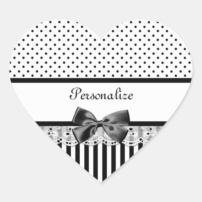 Sticker Cœur Fille Noir et Blanc Victorian Stripes Avec Nom (Devant)