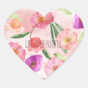 Sticker Cœur Fille Peach rose violet aquarelle Florale