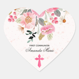 Sticker Cœur Fille première communion aquarelle rose floral