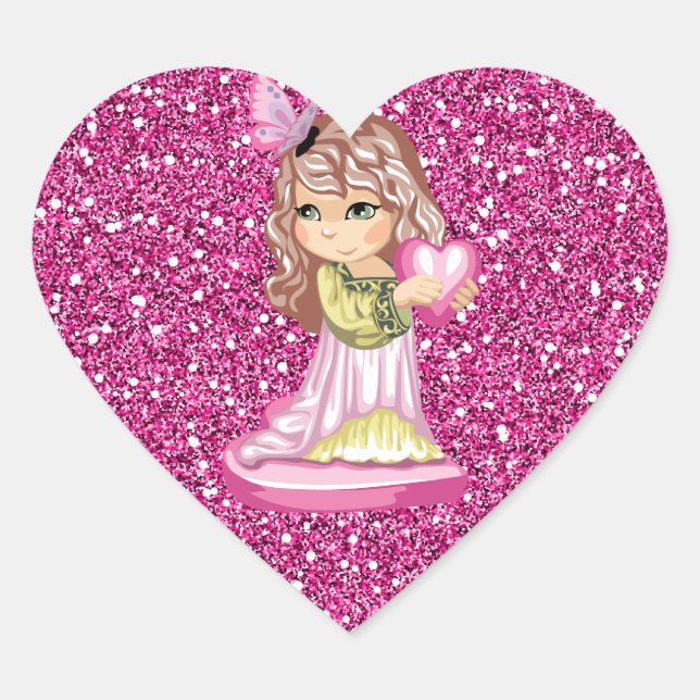 Sticker Cœur Fille tenant le coeur rose Faux Parties scintillan (Devant)