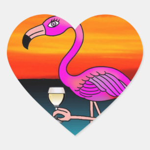 Sticker Cœur Flamant rose buvant du vin rose