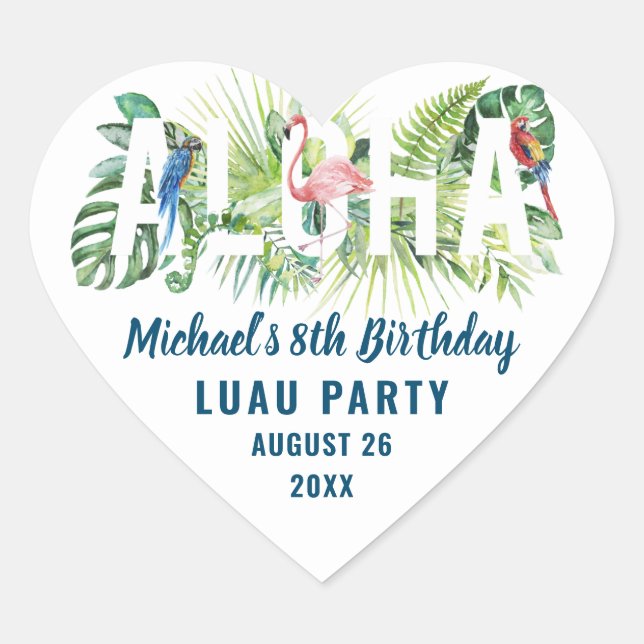 Sticker Cœur Flamant rose tropical Aloha Fête d'anniversaire Fa (Devant)