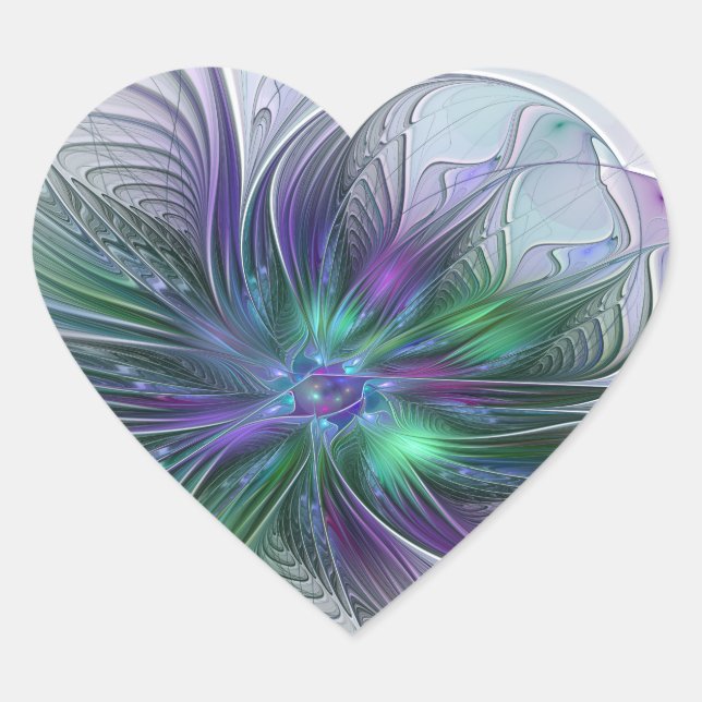 Sticker Cœur Fleur abstraite moderne fractale verte violette (Devant)