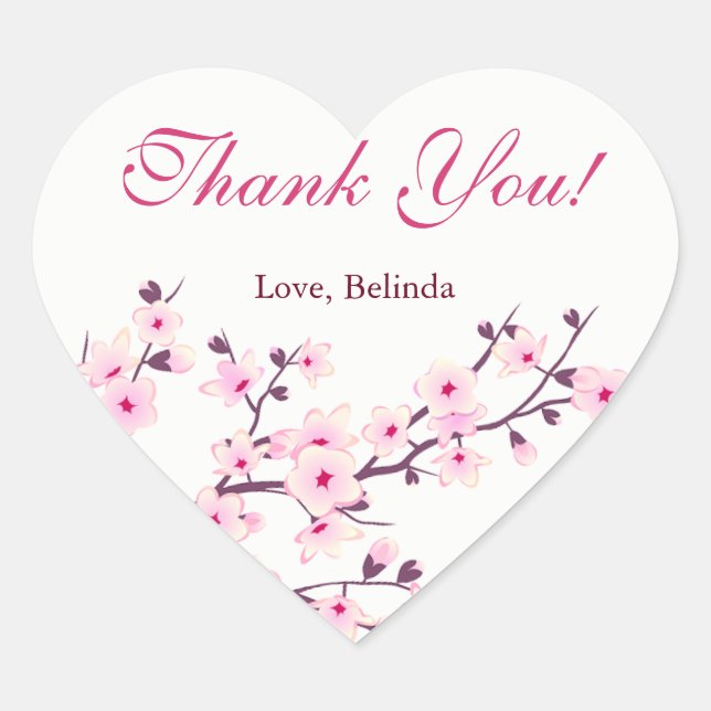 Sticker Cœur Fleur cerisier rose blanc Merci personnalisé (Devant)