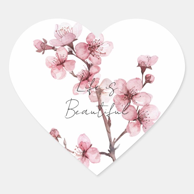 Sticker Cœur Fleur de cerise rose blanche (Devant)