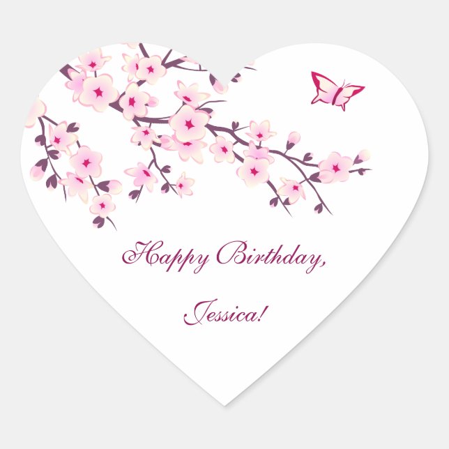 Sticker Cœur Fleur de cerisier rose Anniversaire (Devant)