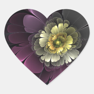Sticker Cœur Fleur fractale grise et pourpre moderne abstraite