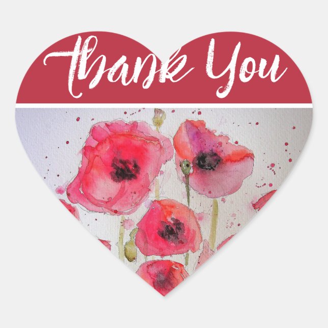 Sticker Cœur Fleur Poppies de pavot rouge Merci d'aquarelle (Devant)