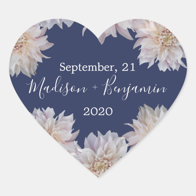 Sticker Cœur Fleur rose Dahlia Mariage bleu marine Date (Devant)