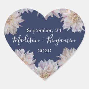 Sticker Cœur Fleur rose Dahlia Mariage bleu marine Date