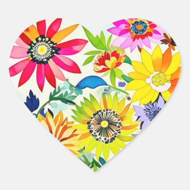 Sticker Cœur Fleurs aquarelles en rose et jaune (Devant)