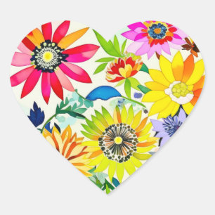 Sticker Cœur Fleurs aquarelles en rose et jaune