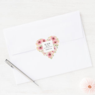 Sticker Cœur Fleurs aquarelles rose tendre Merci