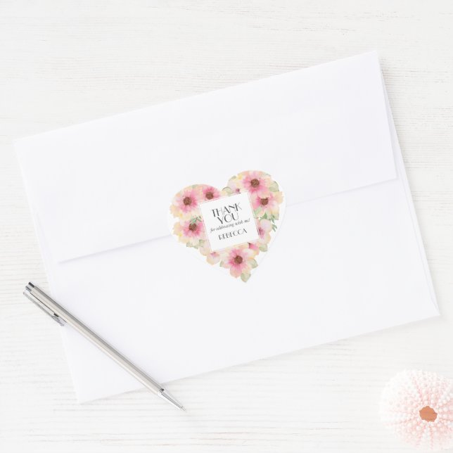 Sticker Cœur Fleurs aquarelles rose tendre Merci (Enveloppe)