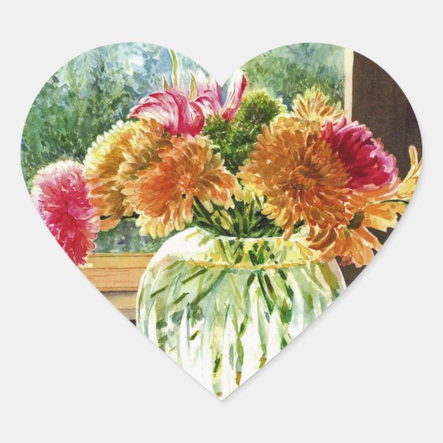 Sticker Cœur Fleurs dans Vase de verre (Devant)